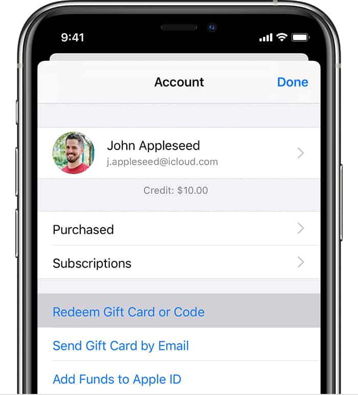 iPhone showing the Redeem Gift Card or Code menu option.