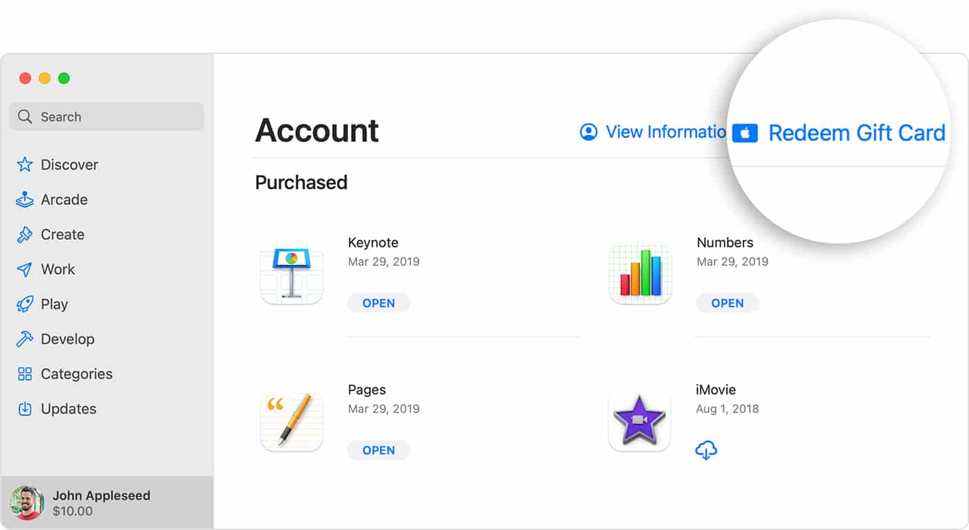 Mac App Store showing the Redeem Gift Card button at the upper right.