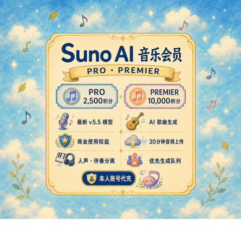 Suno AI 会员代充充值｜Pro / Premier 订阅代付｜105元起